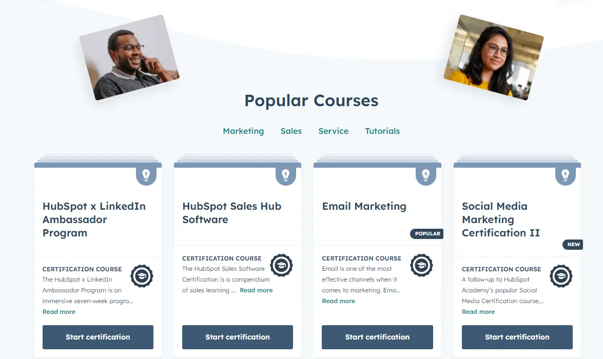 HubSpot list of courses