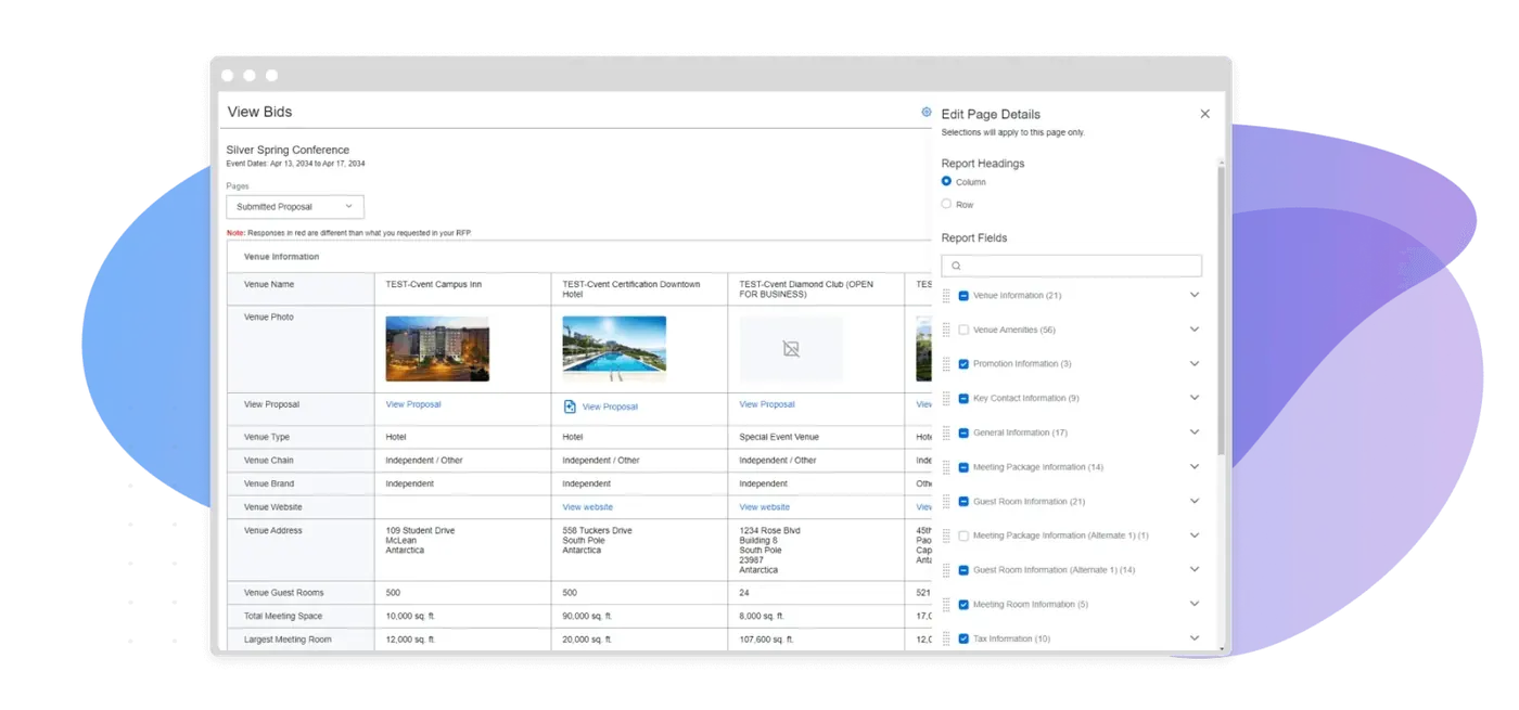 Cvent's bid request platform showing multiple venue bids