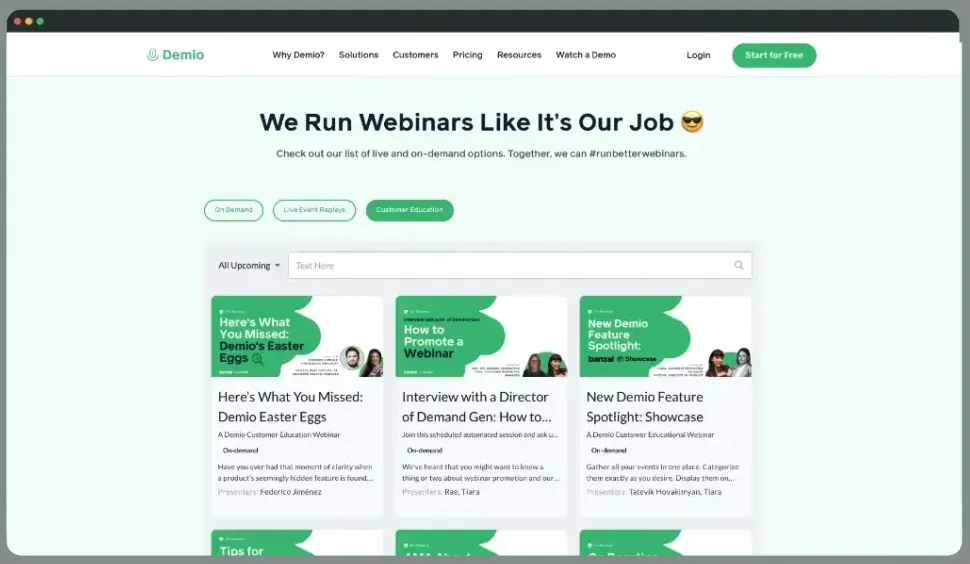 Screenshot of Demio's Showcase feature for embedding a collection of your webinars on your website
