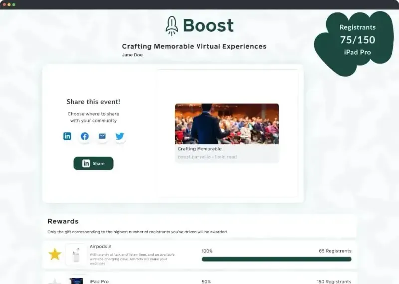 Screenshot showing Banzai and Demio Boost add-on promoting social sharing and virtual event promotion