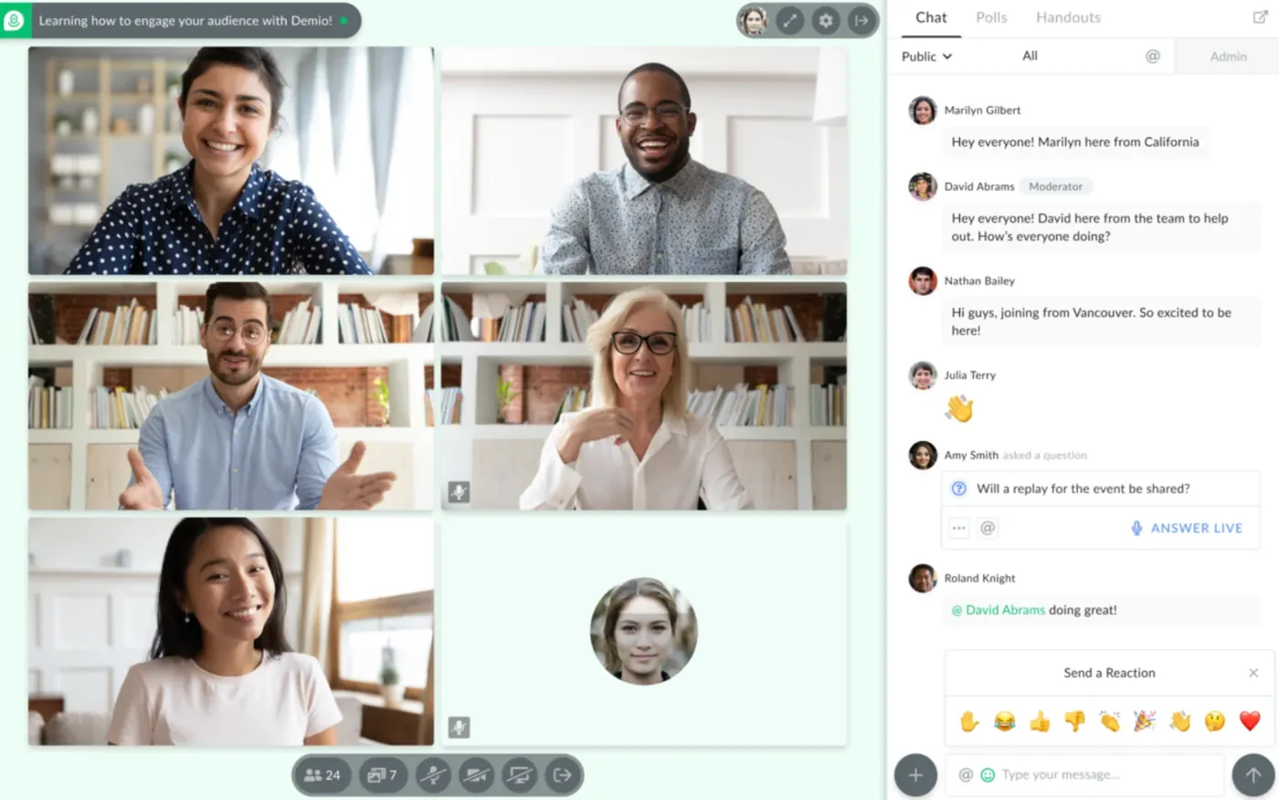 Demio webinar platform showing a live event with engagement features