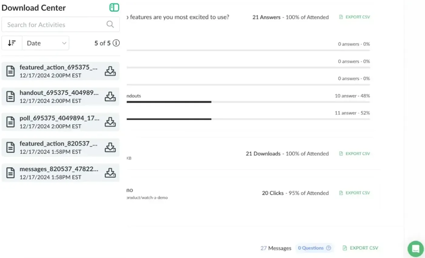 Demio engagement analytics showing attendee numbers and handout downloads