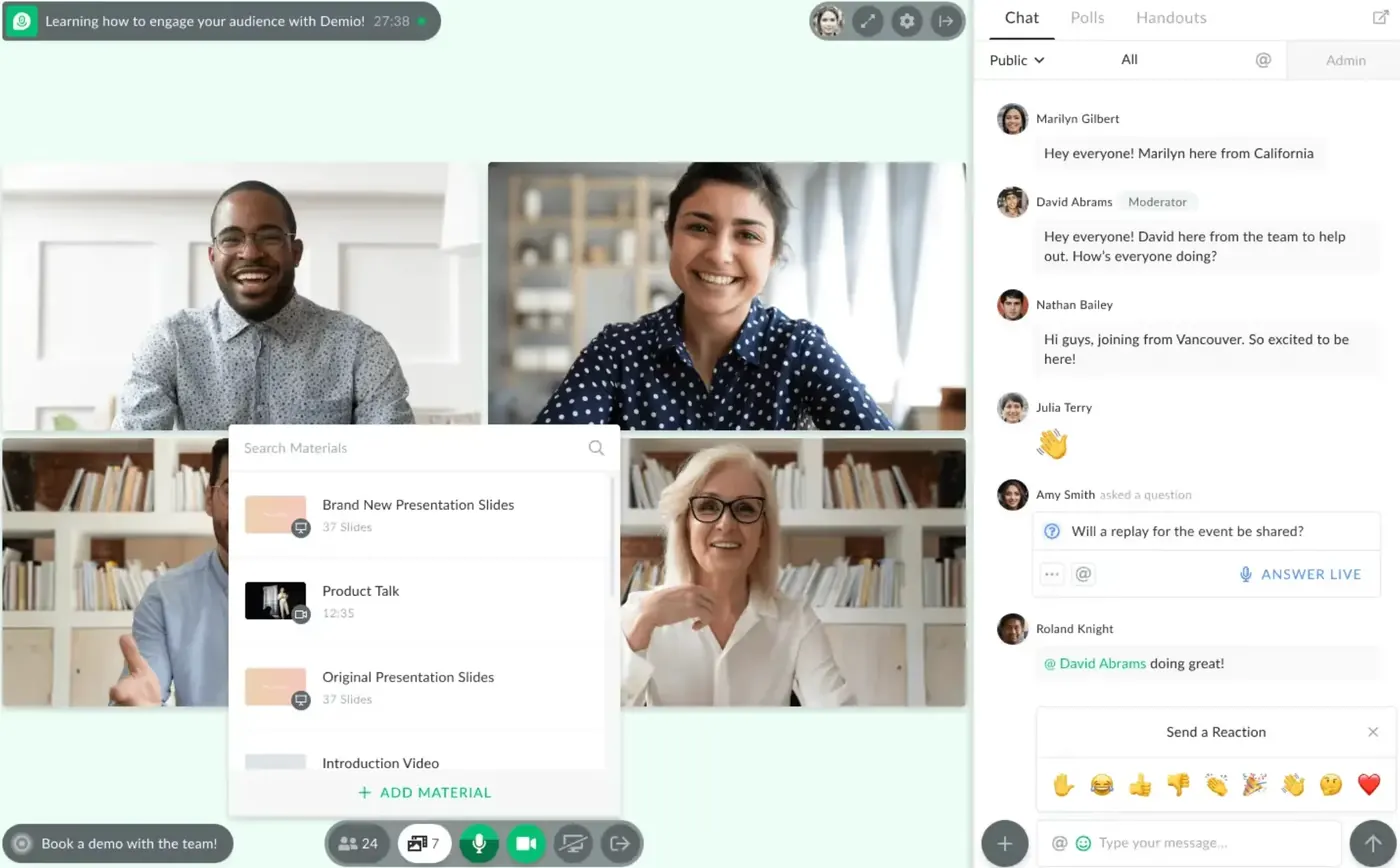 Demio live virtual event with multiple engagement features
