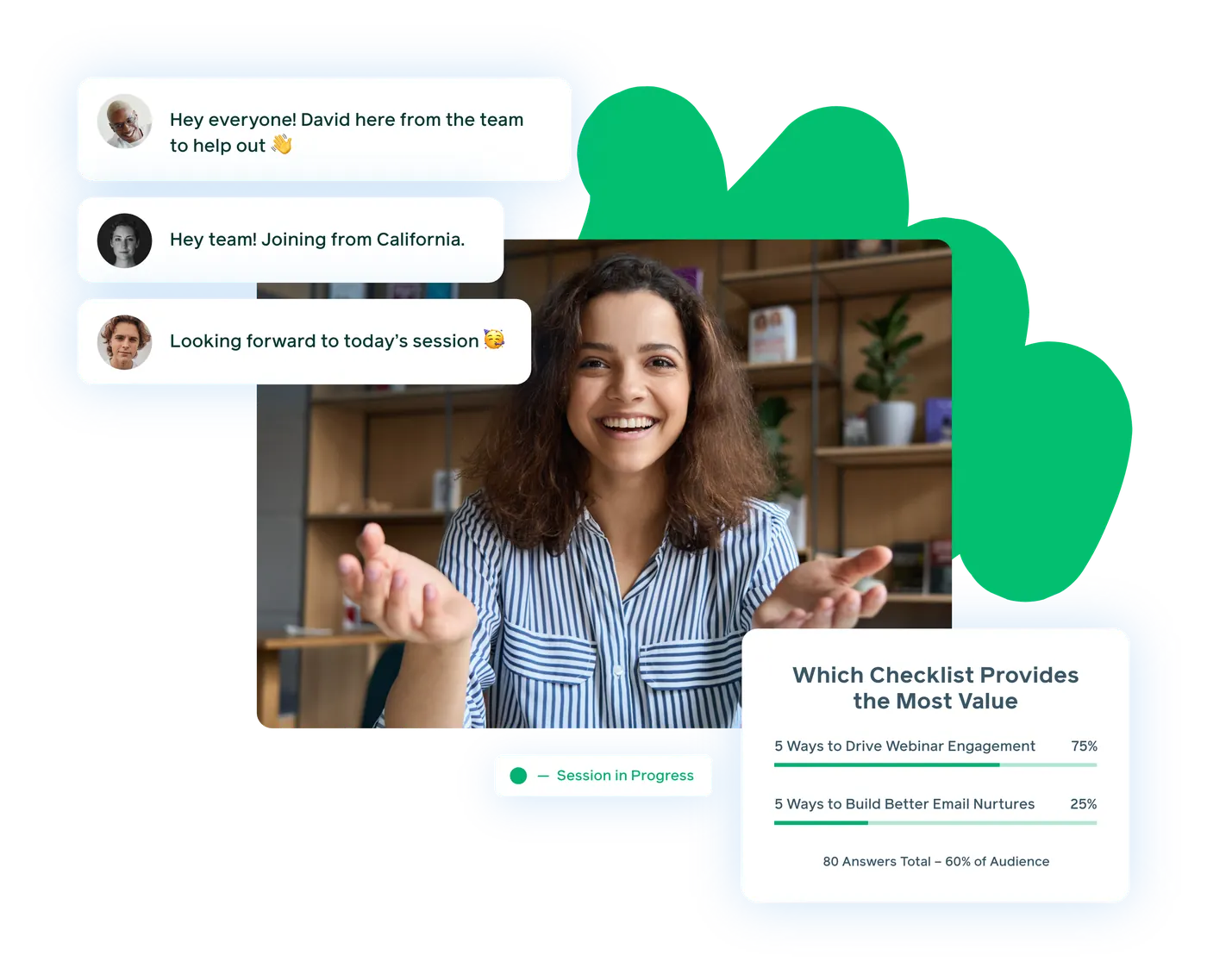 A smiling woman on a webinar screen