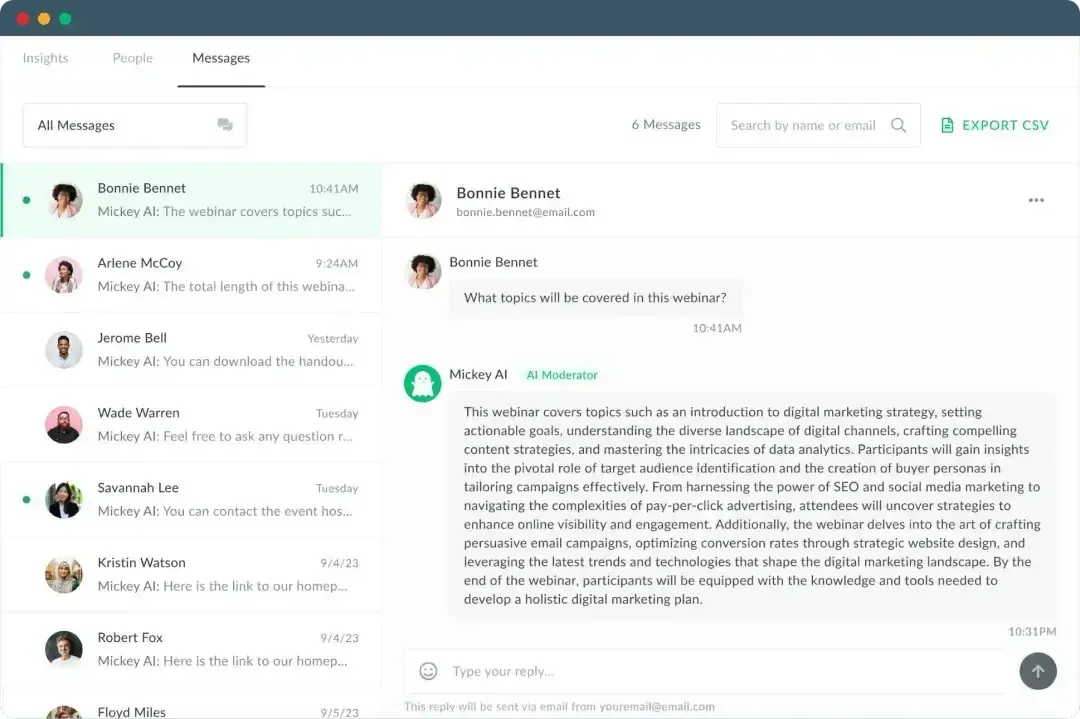 Demio AI chat responding to questions posed by webinar attendees during an event