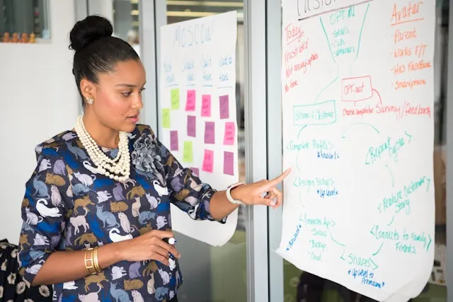Woman leading team brainstorm session